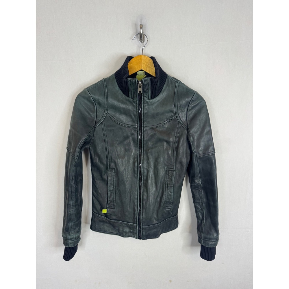 Soia & Kyo Women Green Leather Bomber Jacket Ribbed Knit Trim Size XS